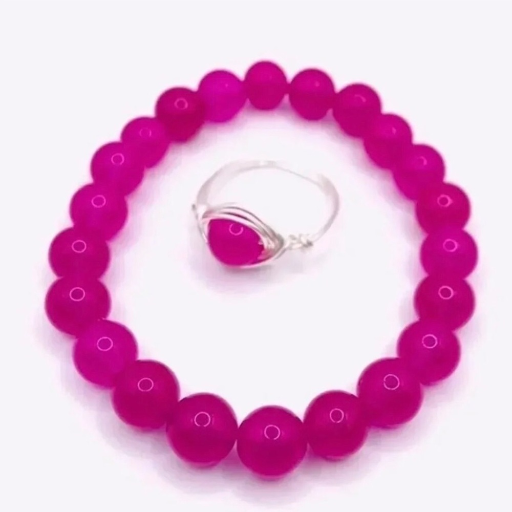 Purple Red Jade Gemstone Beaded Stretch Bracelet with Matching Ring